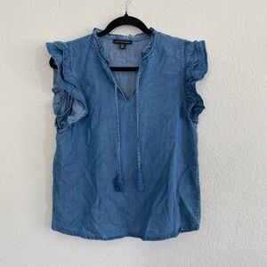 Saks Fifth Avenue Blue Chambray Top Ruffled Sleeves Western Casual Size SP